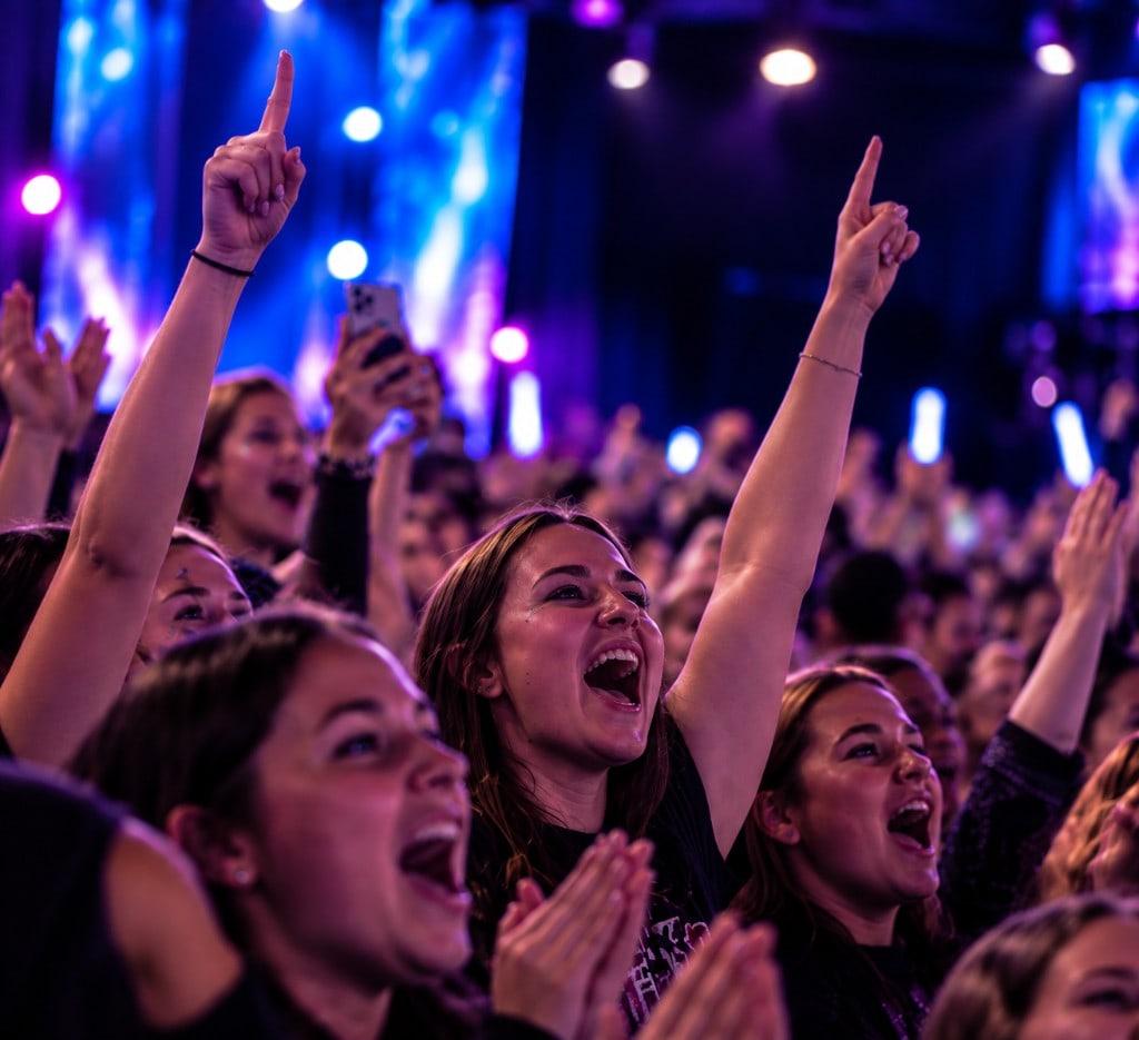 Crowd with hands raised at a brightly lit championship event