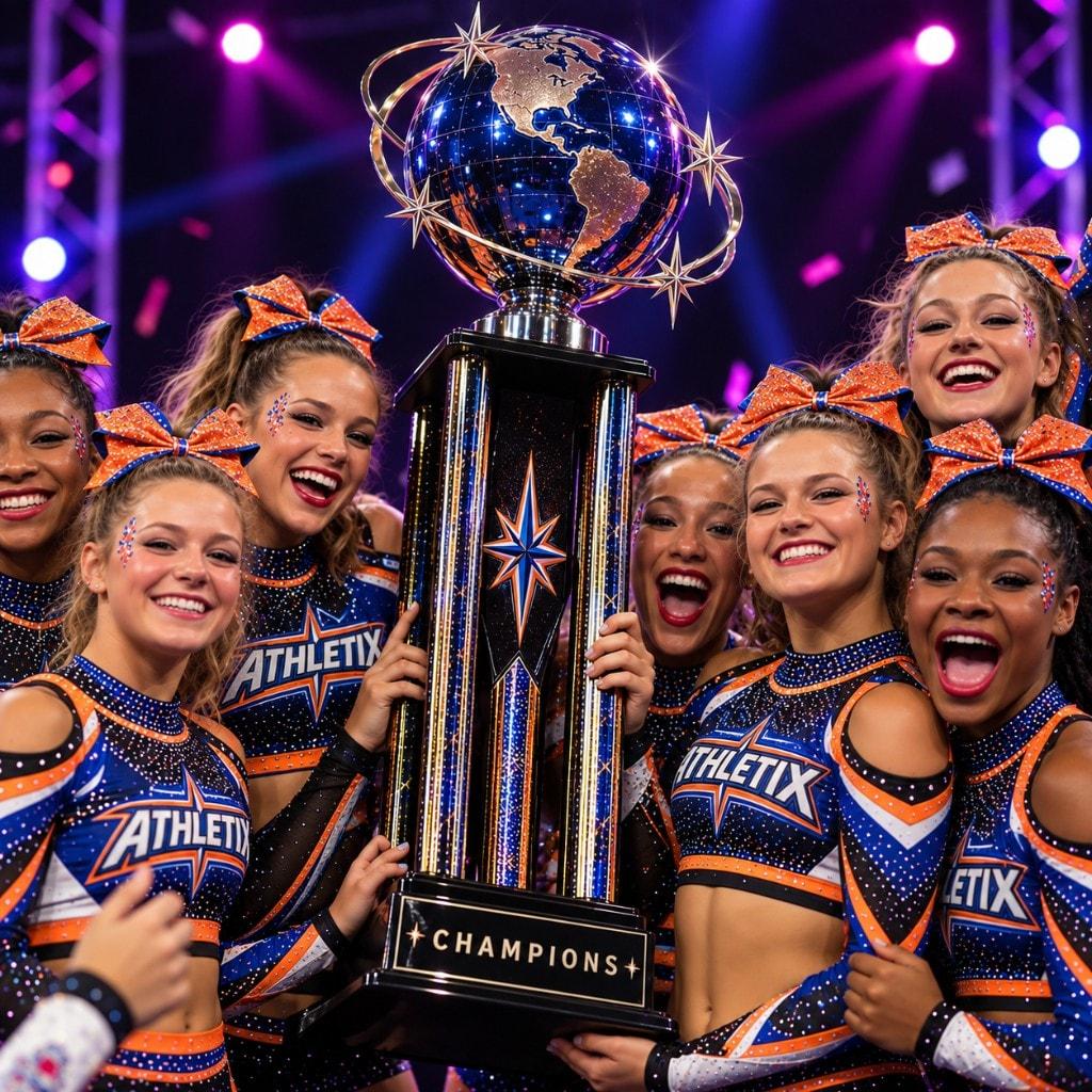Allstar athletes celebrating around a championship trophy