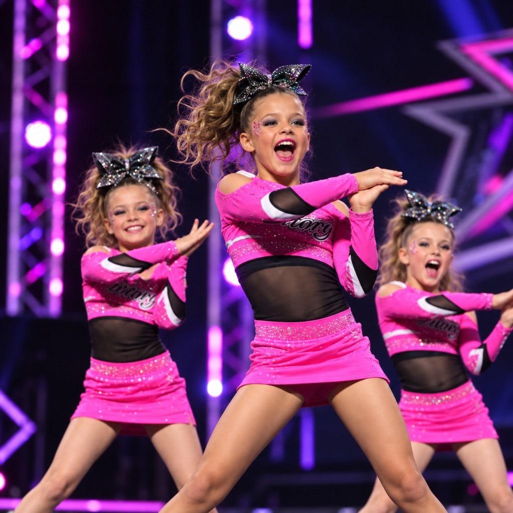 Allstar athletes in pink uniforms mid-routine on a championship stage