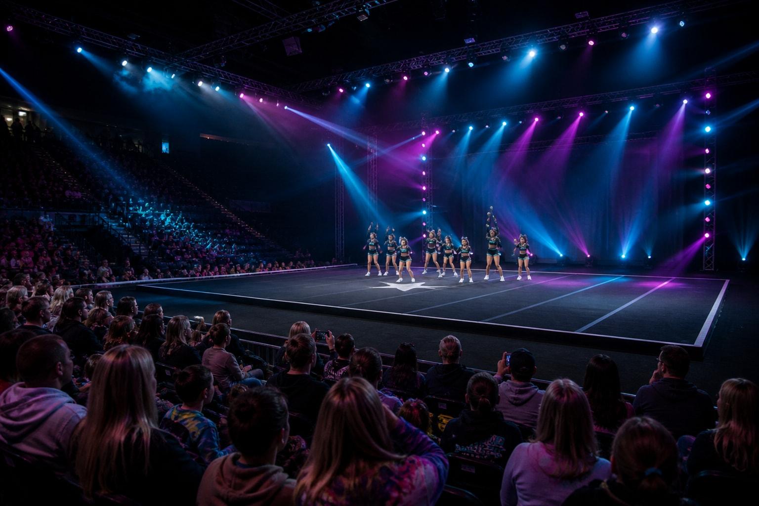 Championship arena stage and stands under teal and magenta lights