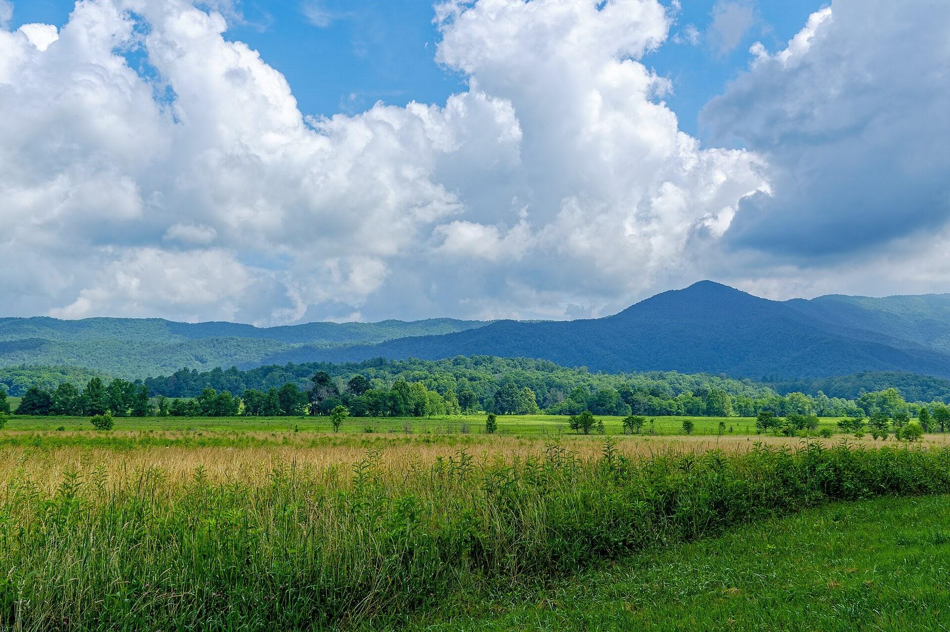 Open valley and mountain ridges at Cades Cove in the Smokies