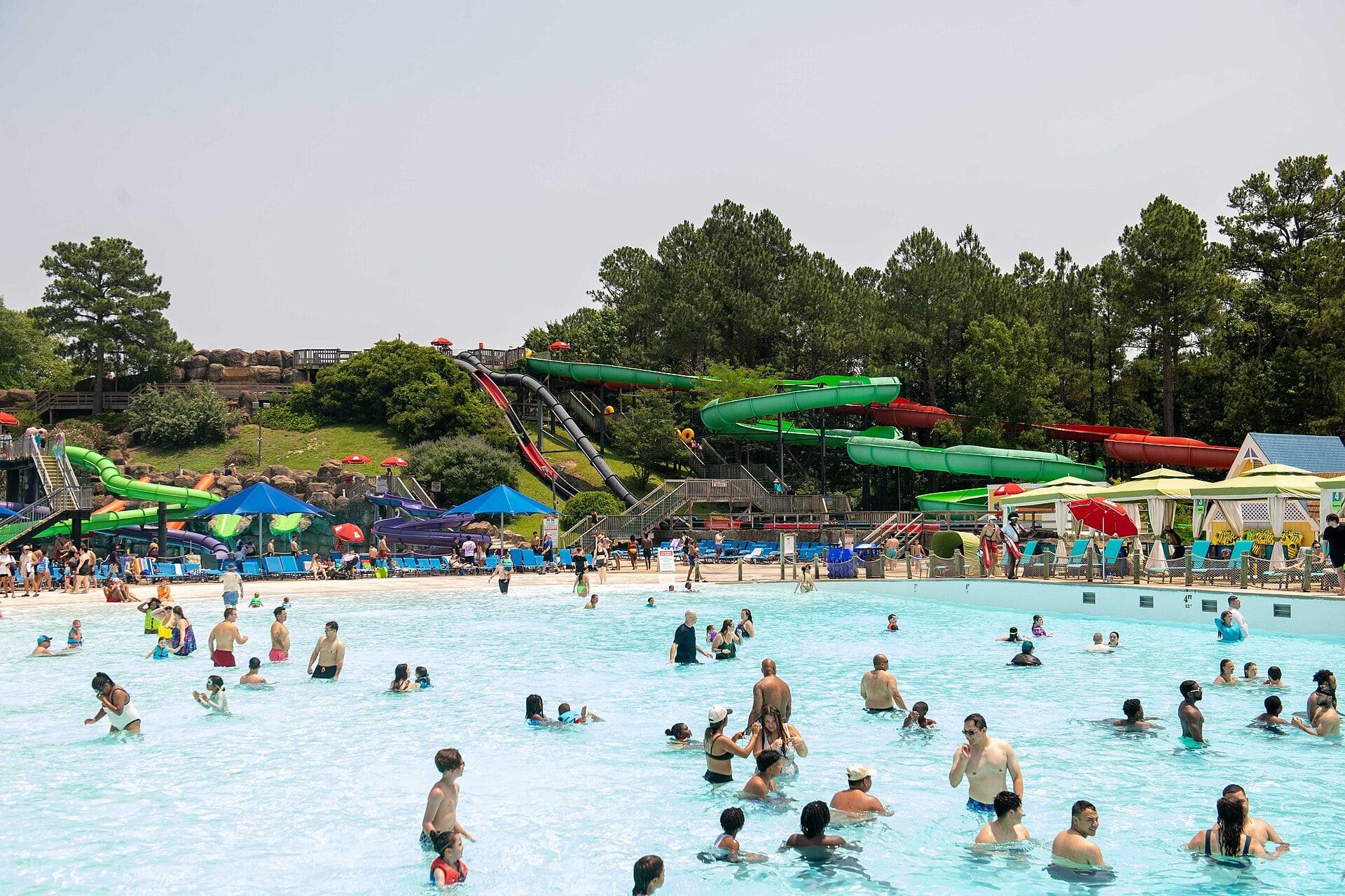 Wave pool and water slides at Ocean Breeze Waterpark in Virginia Beach